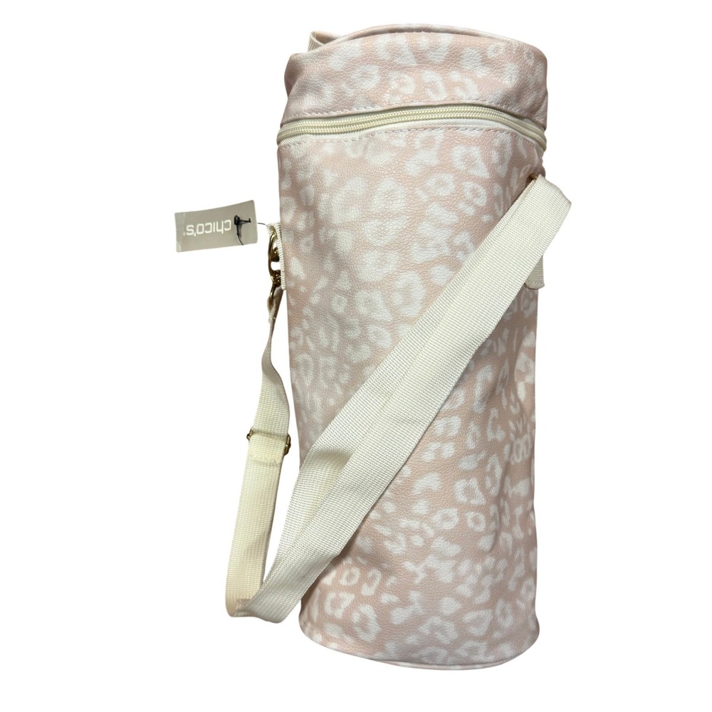 Chicos Cream Leopard Print Insulated Wine‎ Bag Travel Pouch Zipper Strap NWT